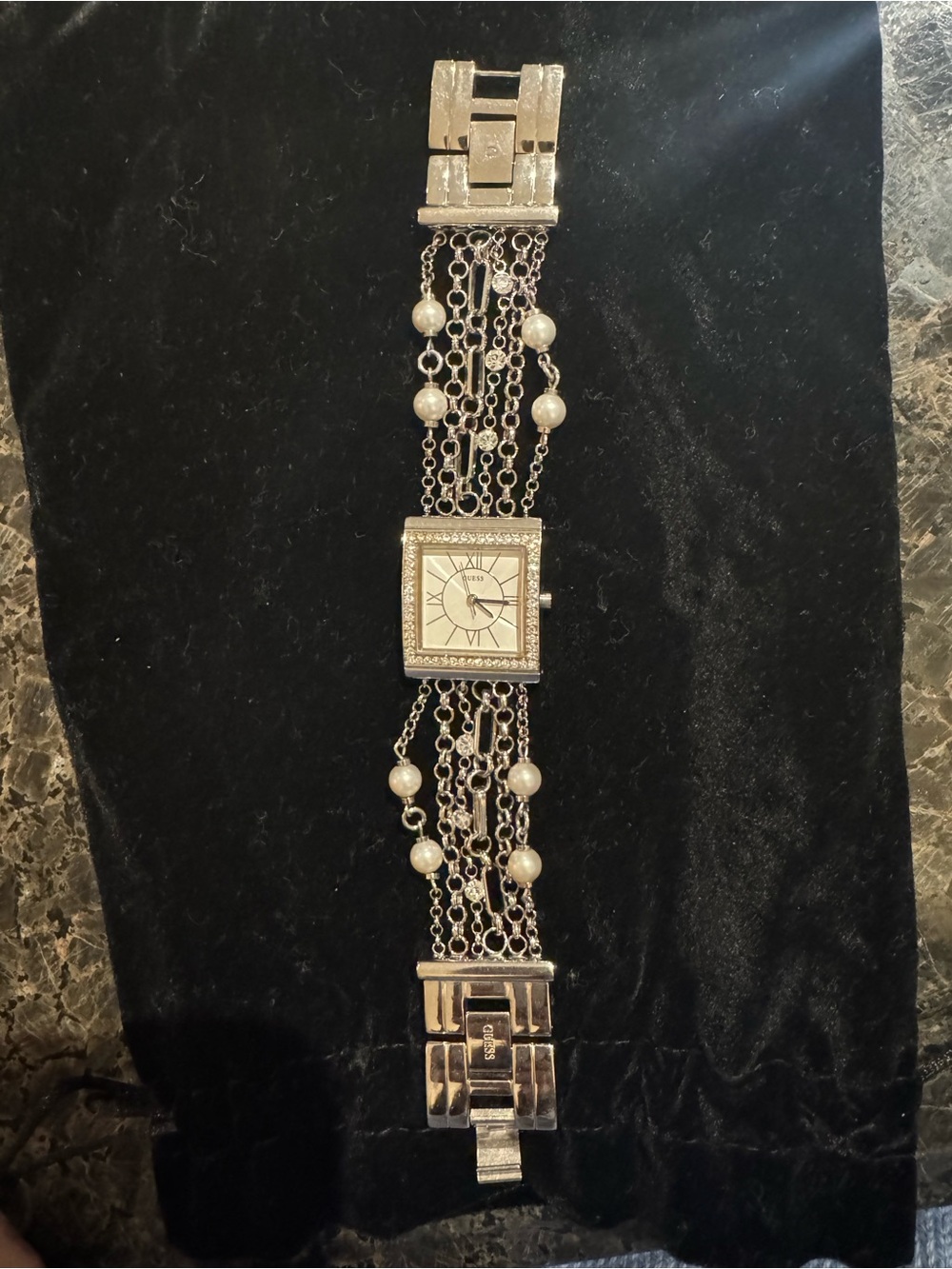 Guess Silver Chain-Link Pearl Accent Women's Watch